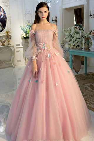 Sexy Ball Gown Long Sleeve Off the Shoulder Pink 3D Floral Prom Dresses Formal Evening Dress