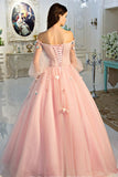 Sexy Ball Gown Long Sleeve Off the Shoulder Pink 3D Floral Prom Dresses Formal Evening Dress