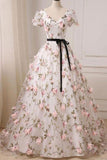 3D Floral Short Sleeves V Neck A Line Ivory Long Prom Dresses