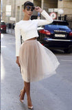 Simple Two Piece Long Sleeves White Tea Length Prom Dress Formal Homecoming Dresses LD2191