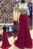 Burgundy Slit Open Back Mermaid Long Evening Party Gowns Prom Dresses
