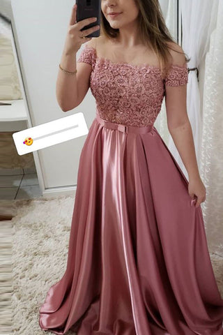 Fashion Off the Shoulder Short Sleeves Lace Beaded Long Prom Dresses Formal Evening Dress