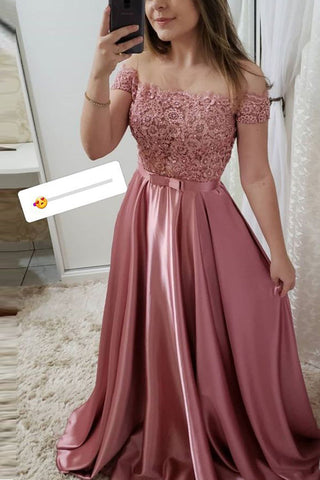 Fashion Off the Shoulder Short Sleeves Lace Beaded Long Prom Dresses Formal Evening Dress