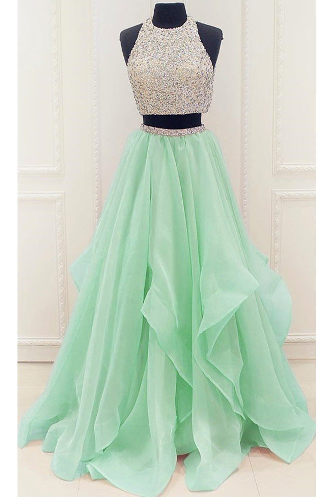 Fashion Mint Organza Beaded Two Piece High Low Long Prom Dresses Formal Grad Evening Dress