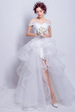 Chic Off the Shoulder High Low Front Short Long Back White Beach Wedding Dresses Bridal Dress