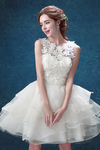 High Low Tiered Skirt 3D Flower Mini Length Beach Wedding Dress Prom Dresses Gowns LD2208