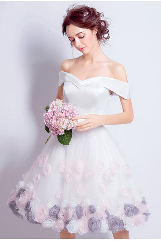 Off the Shoulder White Satin Hand Flower Knee Length Beach Bridal Wedding Dress Prom Dresses LD2209