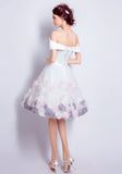 Off the Shoulder White Satin Hand Flower Knee Length Beach Bridal Wedding Dress Prom Dresses LD2209
