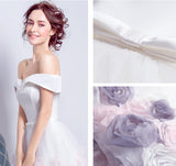 Off the Shoulder White Satin Hand Flower Knee Length Beach Bridal Wedding Dress Prom Dresses LD2209
