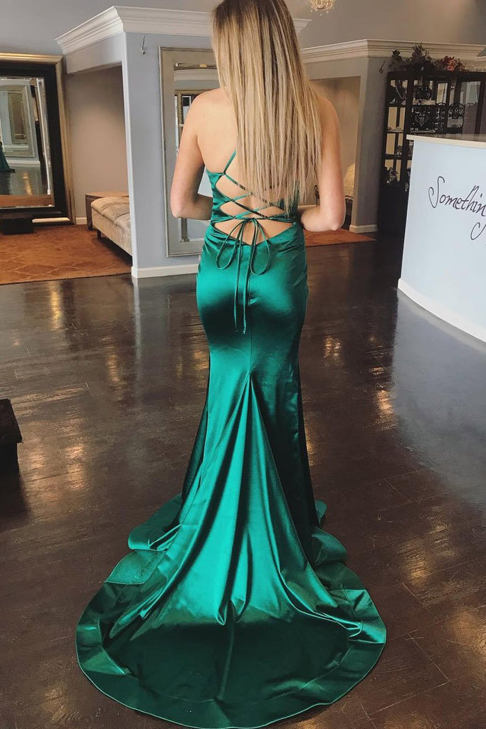 Elegant Open Back Spaghetti Straps Mermaid Green Prom Dresses Formal Evening Dress