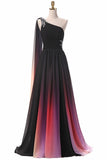 A Line One Shoulder Ombre Chiffon Long Prom Dresses