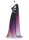 A Line One Shoulder Ombre Chiffon Long Prom Dresses