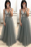 Fashion A Line V Neck Bead Grey Tulle Backless Long Prom Dresses Formal Fancy Evening Dress