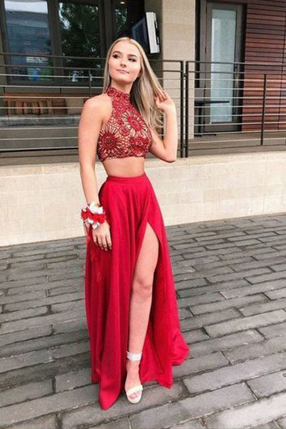 Two Piece Lace Red High Neck Split Long Prom Dresses Formal Fancy Evening Dress For Party