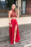 Two Piece Lace Red High Neck Split Long Prom Dresses Formal Fancy Evening Dress For Party