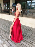 Two Piece Lace Red High Neck Split Long Prom Dresses Formal Fancy Evening Dress For Party