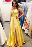 Elegant Yellow Satin Open Back V Neck Long Prom Dresses Formal Evening Dress Party Gowns