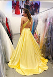 Elegant Yellow Satin Open Back V Neck Long Prom Dresses Formal Evening Dress Party Gowns
