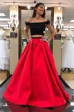 Two Piece Black Lace Red Satin Off the Shoulder Prom Dresses Formal Evening Dress Party Gowns