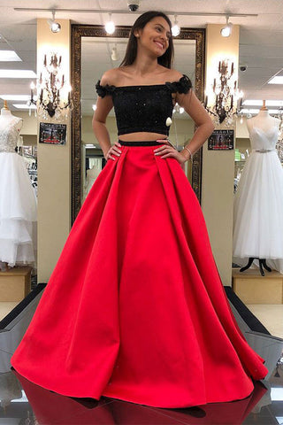 Two Piece Black Lace Red Satin Off the Shoulder Prom Dresses Formal Evening Dress Party Gowns