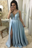 Fashion Deep V Neck Light Blue Satin Slit Long Prom Dresses Formal Evening Dress Party Gowns