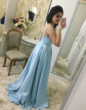 Fashion Deep V Neck Light Blue Satin Slit Long Prom Dresses Formal Evening Dress Party Gowns