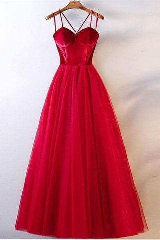 Spaghetti Straps Red Tulle Elegant Long Prom Dresses Formal Evening Dress Party Gowns