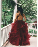 Open Back High Low Burgundy Tulle Beaded Prom Dresses Formal Evening Dress Party Gowns