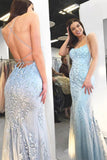 Light Blue Lace Appliques Open Back Mermaid Long Prom Dresses Formal Evening Dress