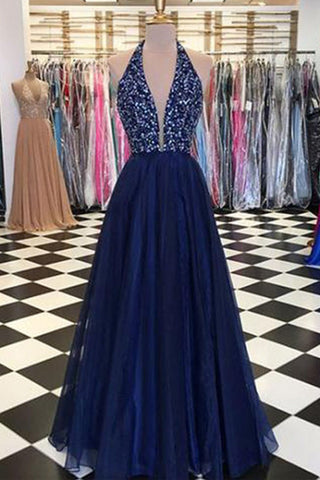 Navy Blue Tulle Halter Deep V Neck Beaded Long Prom Dresses Formal Fancy Evening Dress