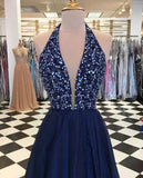 Navy Blue Tulle Halter Deep V Neck Beaded Long Prom Dresses Formal Fancy Evening Dress