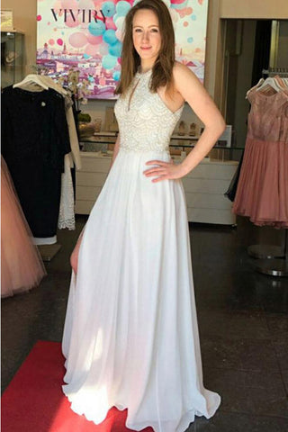 High Neck A Line White Chiffon Lace Long Prom Dresses Formal Evening Dress Party Gowns