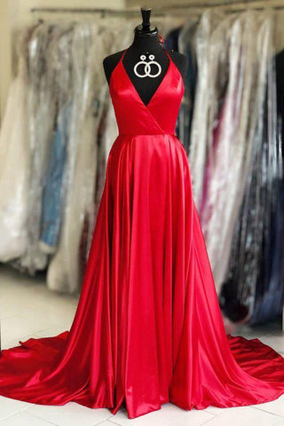 Simple Spaghetti Straps V Neck Red Satin Prom Dresses Formal Evening Dress Party Gown