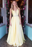 Daffodil Satin A Line V Neck Beaded Long Prom Dresses Formal Evening Dress Party Gown