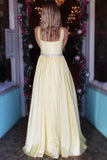 Daffodil Satin A Line V Neck Beaded Long Prom Dresses Formal Evening Dress Party Gown