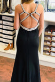 Open Back Front Slit Pearls Black Mermaid Long Prom Dresses Formal Evening Dress For Party