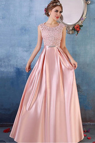 Fashion A Line Floor Length Satin Lace Pink Prom Dresses Formal Evening Dress For Party