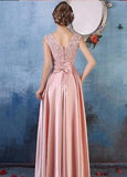 Fashion A Line Floor Length Satin Lace Pink Prom Dresses Formal Evening Dress For Party