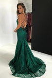 Green Lace Open Back Spaghetti Straps Mermaid Prom Dresses Formal Evening Dress For Party