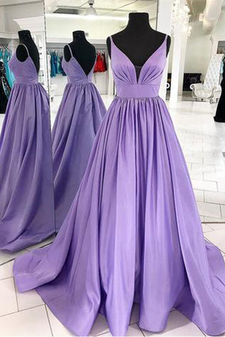 Elegant Spaghetti Straps Purple V Neck Backless Prom Dresses Formal Evening Dress Party Gown