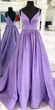 Elegant Spaghetti Straps Purple V Neck Backless Prom Dresses Formal Evening Dress Party Gown
