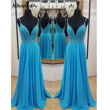 Spaghetti Straps V Neck Blue Chiffon Beaded Backless Long Prom Dresses Formal Evening Dress