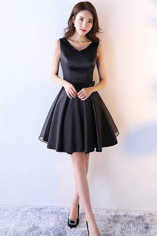 Simple V Neck Black Satin Homecoming Dresses Short Prom Cocktail Dress