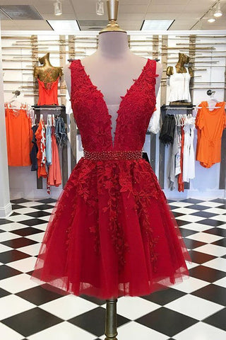 Chic V Neck Lace Appliques Burgundy Beaded Short Prom Cocktail Dress Homecoming Dresses