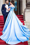 Fashion Hand Flowers Off the Shoulder Blue Satin Prom Dresses Formal Evening Gown Dress
