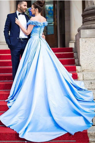 Fashion Hand Flowers Off the Shoulder Blue Satin Prom Dresses Formal Evening Gown Dress