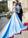Fashion Hand Flowers Off the Shoulder Blue Satin Prom Dresses Formal Evening Gown Dress