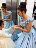 Fashion Hand Flowers Off the Shoulder Blue Satin Prom Dresses Formal Evening Gown Dress