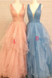 Fashion Deep V Neck High Low Tiered Skirt Beaded Prom Dresses Formal Evening Dress