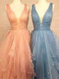 Fashion Deep V Neck High Low Tiered Skirt Beaded Prom Dresses Formal Evening Dress